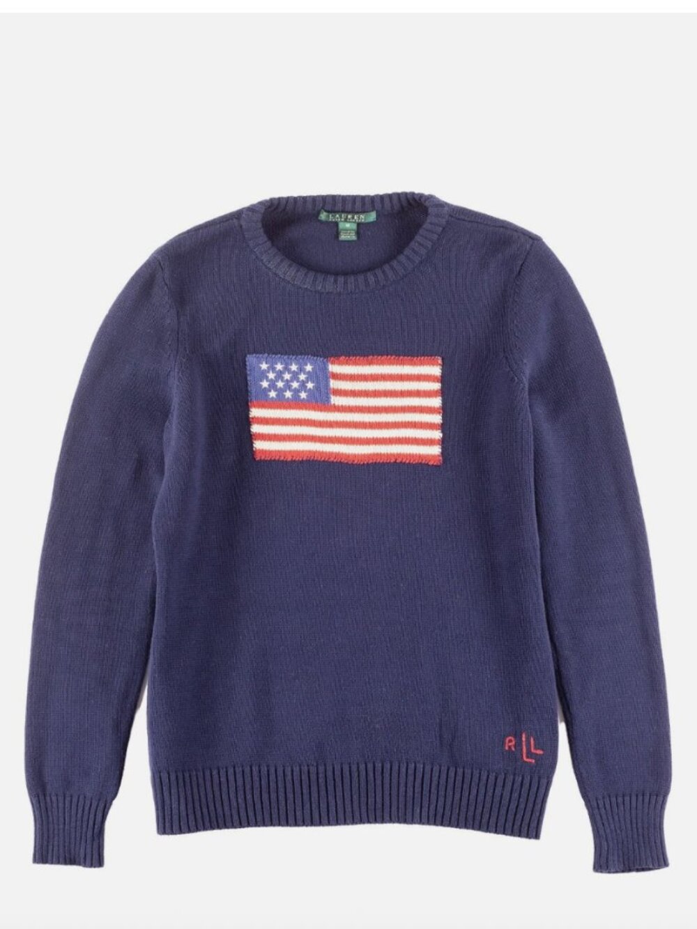Vintage 00s Ralph Lauren USA Flag Crew Neck Sweater Navy Cotton Size M